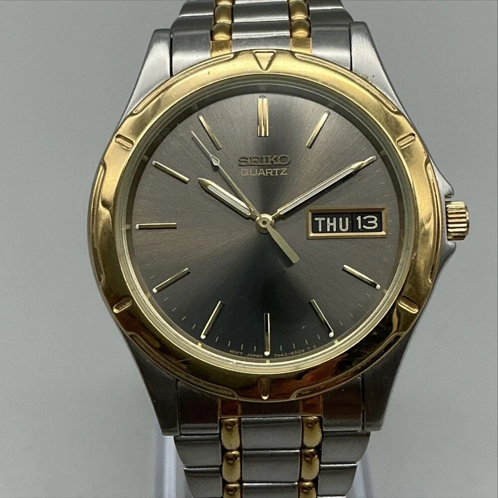 Vintage Seiko 7N43-6A09 Mens Watch 36mm Two Tone Day Date New Battery 6.75